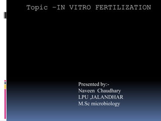 Topic –IN VITRO FERTILIZATION
Presented by:-
Naveen Chaudhary
LPU ,JALANDHAR
M.Sc microbiology
 
