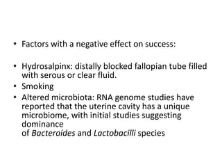 • Factors with a negative effect on success:
• Hydrosalpinx: distally blocked fallopian tube filled
with serous or clear fluid.
• Smoking
• Altered microbiota: RNA genome studies have
reported that the uterine cavity has a unique
microbiome, with initial studies suggesting
dominance
of Bacteroides and Lactobacilli species
 
