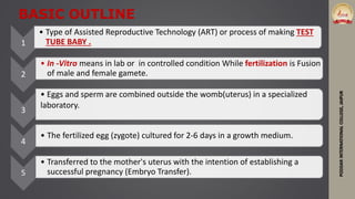 BASIC OUTLINE
PODDARINTERNATIONALCOLLEGE,JAIPUR
1
• Type of Assisted Reproductive Technology (ART) or process of making TEST
TUBE BABY .
2
• In -Vitro means in lab or in controlled condition While fertilization is Fusion
of male and female gamete.
3
• Eggs and sperm are combined outside the womb(uterus) in a specialized
laboratory.
4
• The fertilized egg (zygote) cultured for 2-6 days in a growth medium.
5
• Transferred to the mother's uterus with the intention of establishing a
successful pregnancy (Embryo Transfer).
 