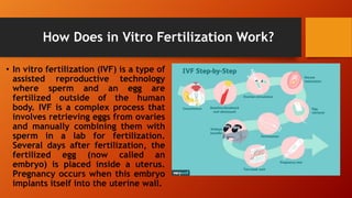 How Does in Vitro Fertilization Work?
• In vitro fertilization (IVF) is a type of
assisted reproductive technology
where sperm and an egg are
fertilized outside of the human
body. IVF is a complex process that
involves retrieving eggs from ovaries
and manually combining them with
sperm in a lab for fertilization.
Several days after fertilization, the
fertilized egg (now called an
embryo) is placed inside a uterus.
Pregnancy occurs when this embryo
implants itself into the uterine wall.
 