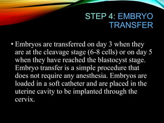 STEP 4: EMBRYO
TRANSFER
• Embryos are transferred on day 3 when they
are at the cleavage stage (6-8 cells) or on day 5
when they have reached the blastocyst stage.
Embryo transfer is a simple procedure that
does not require any anesthesia. Embryos are
loaded in a soft catheter and are placed in the
uterine cavity to be implanted through the
cervix.
 