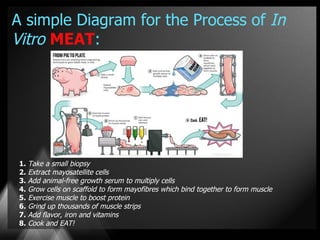 A simple Diagram for the Process of In
Vitro MEAT:




 1. Take a small biopsy
 2. Extract mayosatellite cells
 3. Add animal-free growth serum to multiply cells
 4. Grow cells on scaffold to form mayofibres which bind together to form muscle
 5. Exercise muscle to boost protein
 6. Grind up thousands of muscle strips
 7. Add flavor, iron and vitamins
 8. Cook and EAT!
 