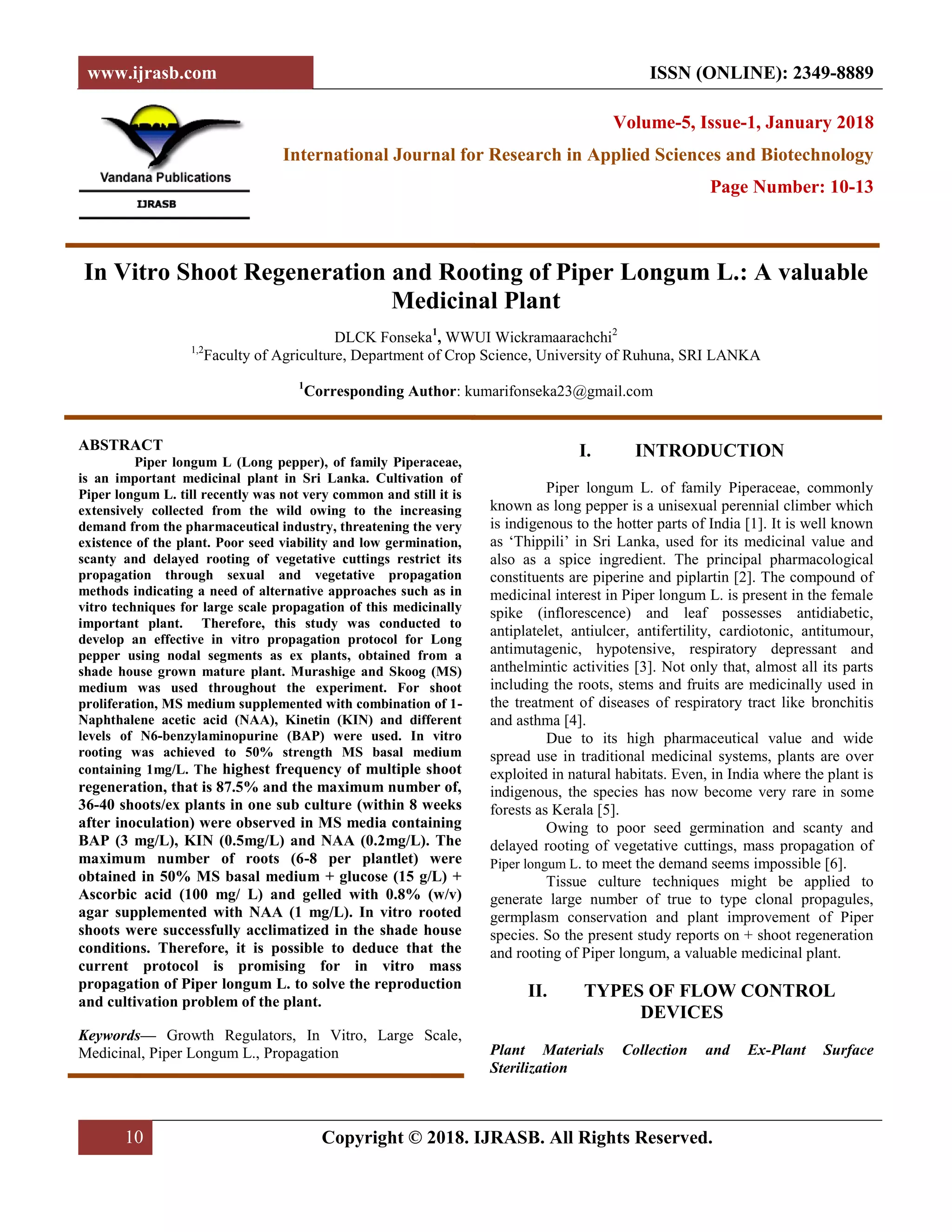 In Vitro Shoot Regeneration and Rooting of Piper Longum L.: A valuable ...