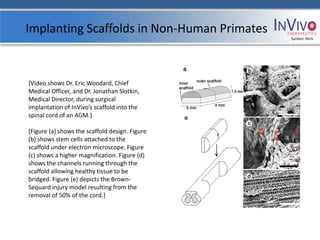 Implanting Scaffolds in Non-Human Primates
                                                Symbol: NVIV




[Video shows Dr. Eric Woodard, Chief
Medical Officer, and Dr. Jonathan Slotkin,
Medical Director, during surgical
implantation of InVivo’s scaffold into the
spinal cord of an AGM.]

[Figure (a) shows the scaffold design. Figure
(b) shows stem cells attached to the
scaffold under electron microscope. Figure
(c) shows a higher magnification. Figure (d)
shows the channels running through the
scaffold allowing healthy tissue to be
bridged. Figure (e) depicts the Brown-
Sequard injury model resulting from the
removal of 50% of the cord.]
 