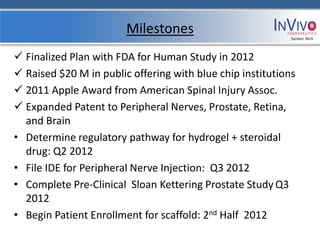 Milestones                          Symbol: NVIV




 Finalized Plan with FDA for Human Study in 2012
 Raised $20 M in public offering with blue chip institutions
 2011 Apple Award from American Spinal Injury Assoc.
 Expanded Patent to Peripheral Nerves, Prostate, Retina,
  and Brain
• Determine regulatory pathway for hydrogel + steroidal
  drug: Q2 2012
• File IDE for Peripheral Nerve Injection: Q3 2012
• Complete Pre-Clinical Sloan Kettering Prostate Study Q3
  2012
• Begin Patient Enrollment for scaffold: 2nd Half 2012
 