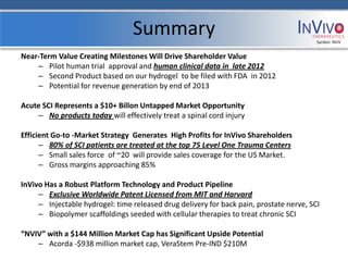Summary                                                 Symbol: NVIV


Near-Term Value Creating Milestones Will Drive Shareholder Value
    – Pilot human trial approval and human clinical data in late 2012
    – Second Product based on our hydrogel to be filed with FDA in 2012
    – Potential for revenue generation by end of 2013

Acute SCI Represents a $10+ Billon Untapped Market Opportunity
    – No products today will effectively treat a spinal cord injury

Efficient Go-to -Market Strategy Generates High Profits for InVivo Shareholders
      – 80% of SCI patients are treated at the top 75 Level One Trauma Centers
      – Small sales force of ~20 will provide sales coverage for the US Market.
      – Gross margins approaching 85%

InVivo Has a Robust Platform Technology and Product Pipeline
     – Exclusive Worldwide Patent Licensed from MIT and Harvard
     – Injectable hydrogel: time released drug delivery for back pain, prostate nerve, SCI
     – Biopolymer scaffoldings seeded with cellular therapies to treat chronic SCI

“NVIV” with a $144 Million Market Cap has Significant Upside Potential
    – Acorda -$938 million market cap, VeraStem Pre-IND $210M
 