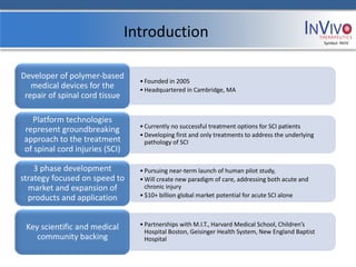 Introduction                                                         Symbol: NVIV




Developer of polymer-based
                                   • Founded in 2005
   medical devices for the         • Headquartered in Cambridge, MA
 repair of spinal cord tissue

   Platform technologies
                                   • Currently no successful treatment options for SCI patients
 represent groundbreaking
                                   • Developing first and only treatments to address the underlying
 approach to the treatment           pathology of SCI
 of spinal cord injuries (SCI)

    3 phase development            • Pursuing near-term launch of human pilot study,
strategy focused on speed to       • Will create new paradigm of care, addressing both acute and
  market and expansion of            chronic injury
  products and application         • $10+ billion global market potential for acute SCI alone



 Key scientific and medical        • Partnerships with M.I.T., Harvard Medical School, Children’s
                                     Hospital Boston, Geisinger Health System, New England Baptist
    community backing                Hospital
 