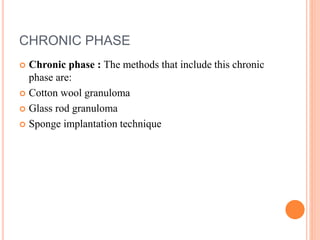 CHRONIC PHASE 
 Chronic phase : The methods that include this chronic 
phase are: 
 Cotton wool granuloma 
 Glass rod granuloma 
 Sponge implantation technique 
 