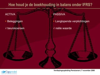 Hoe houd je de boekhouding in balans onder IFRS? ACTIVA Beleggingen    beurskoersen PASSIVA Langlopende verplichtingen    reële waarde 