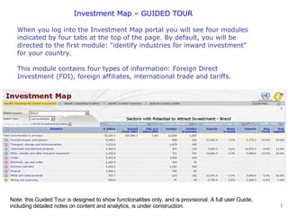 When you log into the Investment Map portal you will see four modules indicated by four tabs at the top of the page. By default, you will be directed to the first module: “identify industries for inward investment” for your country . This module contains four types of information: Foreign Direct Investment (FDI), foreign affiliates, international trade and tariffs. Note: this Guided Tour is designed to show functionalities only, and is provisional. A full user Guide, including detailed notes on content and analytics, is under construction. Investment Map – GUIDED TOUR 