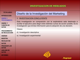 TEMARIO INVESTIGACION DE MERCADOS .. Regresar Diseño de la Investigación del Marketing 2.  INVESTIGACION CONCLUYENTE Esta investigación en composición con la exploratoria esta destinada a auxiliar el ejecutivo para elegir entre distintos cursos de acción posible. Es la investigación que brinda información para la adopción de una decisión. Clases: Investigación descriptiva  Investigación experimental INTRODUCCION DISEÑO   Y FUENTES DE DATOS PROCEDIMIENTO DE RECOLECCIÓN  DISEÑAR MUESTRA   RECOLECTAR DATOS   PROCESAR LOS DATOS   DISEÑO Y PROCEDIMIENTO ANÁLISIS DE DATOS INFORMES   