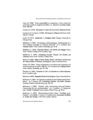 Hacia un desarrollo de las historias personales y profesionales de los docentes



Lawn, M. (1990). “From responsibility to competency: A new context for
curriculum studies in England and Wales”,en Journal of Curriculum Studies,
22(4): 388-392.
Levinson, D. (1979). The Seasons of a Man’s Life, NuevaYork: Ballantine Books.
Levinson, D. y Levinson, J. (1996). The Seasons of a Woman’s Life, Nueva York:
Alfred A. Knopf.
Lortie, D. (1975). Schoolteacher: A Sociological Study, Chicago: University of
Chicago Press.
Middleton, S. (1992). “Developing a radical pedagogy: Autobiography of a
New Zealand sociologist of women’s education”, en I. Goodson (ed.)
Studying Teachers’ Lives, Londres: Routledge, pp. 18-50.
Middleton, S. (1993). Educating Feminists: Life Histories and Pedagogy, Nueva
York: Teachers College Press/Londres: Sage.
Middleton, S. (1997). Disciplining Sexuality: Foucault Life Histories and
Education.,Nueva York: Teachers College Press.
Munro, P. (1998). Subject to Fiction: Women Teachers’ Life History Narratives and
the Cultural Politics of Resistance,. Buckingham: Open University Press.
Nelson, M. (1992). “Using oral histories to reconstruct the experiences of
women teachers in Vermont, 1900-50”, en I. Goodson (ed.) Studying Teachers’
Lives, Londres: Routledge, pp. 167-186.
Plummer, K. (2001). Documents of Life 2: An Invitation to a Critical Humanism,
2a ed., Londres: Sage.
Roberts, B. (2002). Biographical Research, Buckingham: Open University Press.
Robertson, S. (1994). “An exploratory analysis of post-Fordism and teachers’
labour”, en J. Kenway (ed.) Economising Education: Post-Fordist Directions,
Geelong: Deakin University Press, pp. 105-152.
Robertson, S. (1996). “Teachers’ work, restructuring and post-Fordism:
Constructing the new professionalism”, en I. Goodson y A. Hargreaves
(eds.) Teachers’ Professional Lives, Londres: Falmer Press, pp. 28-55.
Robertson, S. (1997). “Restructuring teachers’ labor: ‘Troubling’ post-
Fordism”, en B. Biddle, T. Good e I. Goodson (eds.) International Handbook
of Teachers and Teaching, 1: 621-670, Londres: Kluwer.

Revista Mexicana de Investigación Educativa                                                          757
 
