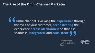 Omni-channel is viewing the experience through
the eyes of your customer, orchestrating the
experience across all channels so that it is
seamless, integrated, and consistent.
The Rise of the Omni-Channel Marketer
- John Bowden
SVP of Customer
Care
 