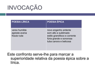 INVOCAÇÃO

  POESIA LÍRICA       POESIA ÉPICA


  verso humilde       novo engenho ardente
  agreste avena       som alto e sublimado
  frauta ruda         estilo grandíloco e corrente
                      fúria grande e sonorosa
                      tuba canora e belicosa




Este confronto serve-lhe para marcar a
 superioridade relativa da poesia épica sobre a
 lírica.
 