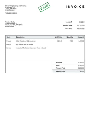 Detailed Invoice for HVAC Installation and Equipment Purchase | PDF