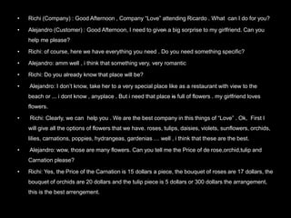 • Richi (Company) : Good Afternoon , Company “Love” attending Ricardo . What can I do for you?
• Alejandro (Customer) : Good Afternoon, I need to given a big sorprise to my girlfriend. Can you
help me please?
• Richi: of course, here we have everything you need . Do you need something specific?
• Alejandro: amm well , i think that something very, very romantic
• Richi: Do you already know that place will be?
• Alejandro: I don’t know, take her to a very special place like as a restaurant with view to the
beach or ... i dont know , anyplace . But i need that place is full of flowers . my girlfriend loves
flowers.
• Richi: Clearly, we can help you . We are the best company in this things of “Love” . Ok, First I
will give all the options of flowers that we have. roses, tulips, daisies, violets, sunflowers, orchids,
lilies, carnations, poppies, hydrangeas, gardenias … well , i think that these are the best.
• Alejandro: wow, those are many flowers. Can you tell me the Price of de rose,orchid,tulip and
Carnation please?
• Richi: Yes, the Price of the Carnation is 15 dollars a piece, the bouquet of roses are 17 dollars, the
bouquet of orchids are 20 dollars and the tulip piece is 5 dollars or 300 dollars the arrangement,
this is the best arrengement.
 