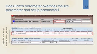 Does Batch parameter overrides the site
parameter and setup parameter?
11.1
Suppliersitesetup
InvoiceManagement
 