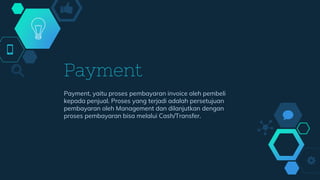 Payment
Payment, yaitu proses pembayaran invoice oleh pembeli
kepada penjual. Proses yang terjadi adalah persetujuan
pembayaran oleh Management dan dilanjutkan dengan
proses pembayaran bisa melalui Cash/Transfer.
 