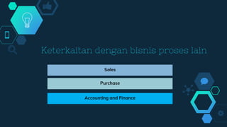 Keterkaitan dengan bisnis proses lain
Sales
Purchase
Accounting and Finance
 