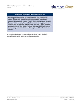 AP Invoice Management in a Networked Economy
Page 8




              Aberdeen Insights — Dynamic Discounting

 Assuming efficient channels for communications exist between the
 trading partners, the volume of transactions with the potential for
 discount capture should expand. Table 3, above, illustrates this pressure.
 Companies that have implemented a dynamic discounting program
 outshine their counterparts in three areas: they have a larger volume of
 available discounts, they capture more of what is available, and they see a
 larger average return on their use of enterprise cash for discount
 capture.


In the next chapter, we will see how top performers have distanced
themselves from their lower-performing counterparts.




© 2012 Aberdeen Group.                                                         Telephone: 617 854 5200
www.aberdeen.com                                                                     Fax: 617 723 7897
 