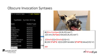 Obscure Invocation Syntaxes
1. Invoke-Expression/IEX
2. Get-Alias/GAL
3. Get-Command/GCM
4. GetCmdlets (PS1.0+)
5. InvokeScript (PS1.0+)
6. Invoke-Command/ICM
7. PS Runspace
8. Concatenated IEX
9. Invoke-AsWorkflow (PS3.0+)
10. Dot-Source (Disk-based)
11. Import-Module/IPMO (Disk-based)
http://i0.kym-cdn.com/photos/images/newsfeed/000/995/349/9c9.jpg
&($Env:ComSpec[4,26,25]-Join'')
.((LS env:/Co*pec).Value[4,26,25]-Join'')
.($ShellId[1]+$ShellId[13]+'x')
&( (GV S*ell*d -V)[1]+(DIR Variable:S*ell*d).Value[13]+'x')
???
 