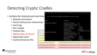 Detecting Cryptic Cradles
• Artifacts for historical and real-time detection
• Network connections
• Parent-child process relationships
• Event logs
• DLL's loaded
• Prefetch files
• Registry keys of interest
• Appcompat cache
• Cached temporary files
• COM Object + Internet Explorer
• ieproxy.dll
• SendKeys + Notepad
• winhttp.dll & wininet.dll
• PowerShell Net.WebClient
• rasman.dll & rasapi32.dll
 