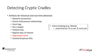 Detecting Cryptic Cradles
• Artifacts for historical and real-time detection
• Network connections
• Parent-child process relationships
• Event logs
• DLL's loaded
• Prefetch files
• Registry keys of interest
• Appcompat cache
• Cached temporary files
• Inline Scripting (e.g. CSharp)
• powershell.exe  csc.exe  cvtres.exe
 