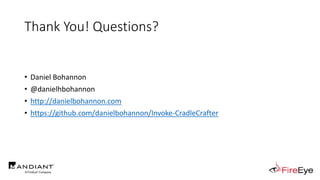 Thank You! Questions?
• Daniel Bohannon
• @danielhbohannon
• http://danielbohannon.com
• https://github.com/danielbohannon/Invoke-CradleCrafter
 