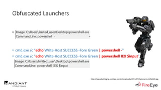 Obfuscated Launchers
• powershell.exe called by cmd.exe
..
• cmd.exe /c "echo Write-Host SUCCESS -Fore Green | powershell -"
• cmd.exe /c "echo Write-Host SUCCESS -Fore Green | powershell IEX $input"
http://www.battlegrip.com/wp-content/uploads/2011/07/halomarkv-420x420.jpg
 