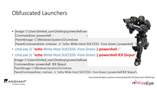 Obfuscated Launchers
• powershell.exe called by cmd.exe
..
• cmd.exe /c "echo Write-Host SUCCESS -Fore Green | powershell -"
• cmd.exe /c "echo Write-Host SUCCESS -Fore Green | powershell IEX $input"
http://www.battlegrip.com/wp-content/uploads/2011/07/halomarkv-420x420.jpg
 
