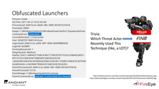 Obfuscated Launchers
http://nikiskinazarene.com/wp-content/uploads/2014/02/hellomynameis.png
http://www.battlegrip.com/wp-content/uploads/2011/07/halomarkv-420x420.jpg
FIN8
Trivia:
Which Threat Actor
Recently Used This
Technique (like, a LOT)?
 
