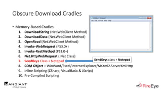 Obscure Download Cradles
• Memory-Based Cradles
1. DownloadString (Net.WebClient Method)
2. DownloadData (Net.WebClient Method)
3. OpenRead (Net.WebClient Method)
4. Invoke-WebRequest (PS3.0+)
5. Invoke-RestMethod (PS3.0+)
6. Net.HttpWebRequest (.Net Class)
7. SendKeys Class + Notepad
8. COM Object + WinWord/Excel/InternetExplorer/MsXml2.ServerXmlHttp
9. Inline Scripting (CSharp, VisualBasic & JScript)
10. Pre-Compiled Scripting
SendKeys class + Notepad
 